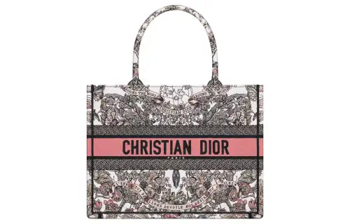 DIOR Embroidery Tote Bag, Shopping Bag, Handbag Medium Women's White & Light Pink