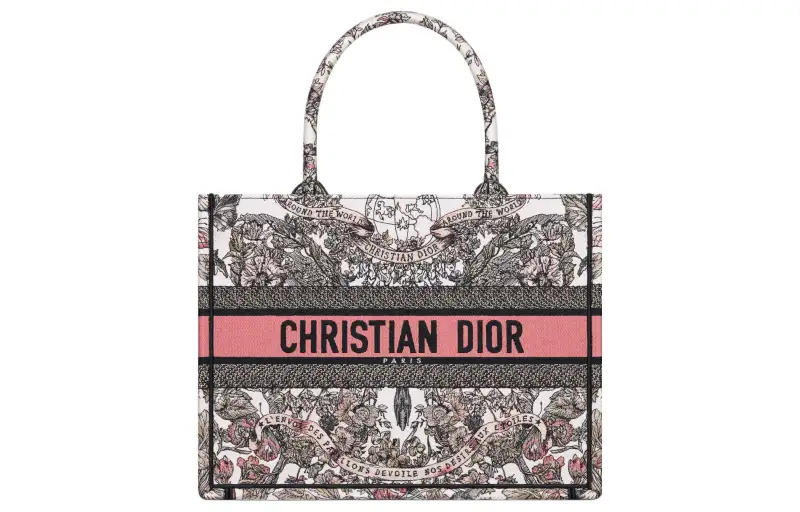 DIOR Embroidery Tote Bag, Shopping Bag, Handbag Medium Women's White & Light Pink