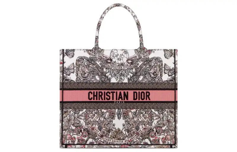 DIOR BookTote Embroidery Tote Bag, Shopping Bag, Handbag Large Women's White & Light Pink