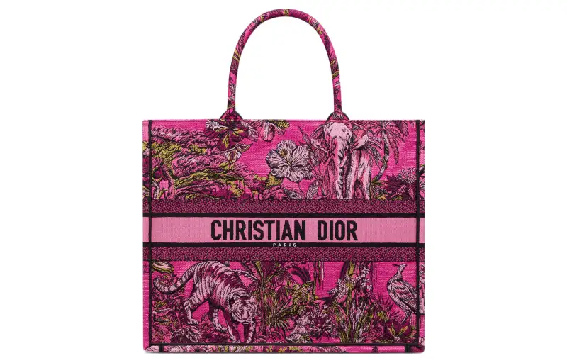 DIOR BookTote Embroidery Tote Bag, Shopping Bag, Handbag Large Women's Fuchsia & Multicolor