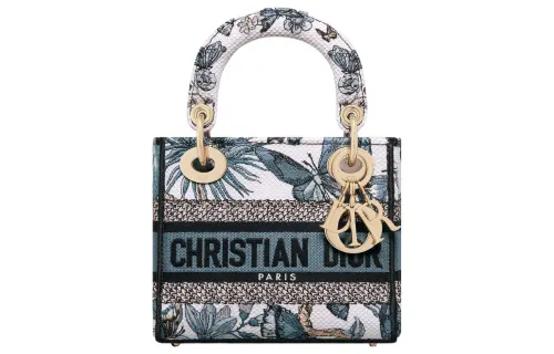 DIOR Lady D Lite Embroidery Handbag, Shoulder Bag, Crossbody Bag, Handbag Mini Women's White & Light Midnight Blue