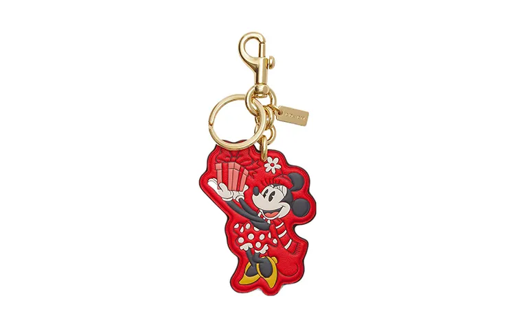 COACH X Disney Collaboration Smooth Leather Bag Decor Key Ring Bag Accessory Unisex Gold & Red