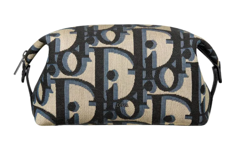 DIOR Extra Large Oblique Print Jacquard Woven Fabric Toiletry Bag Regular Men's Beige & Black