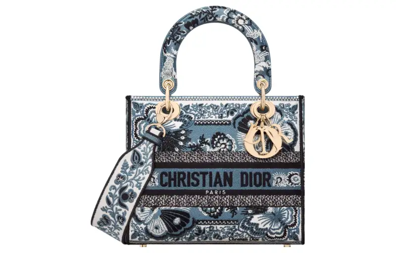 DIOR Lady D Lite Embroidery Handbag, Shoulder Bag, Crossbody Bag, Handbag Medium Women's Denim Blue