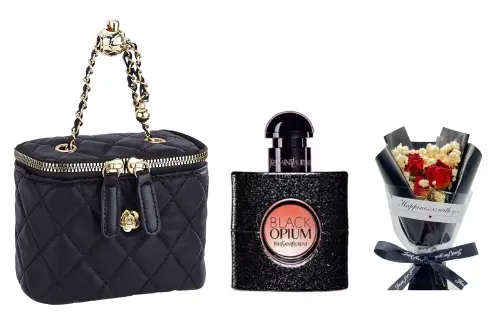 YSL, perfume, black coffee floral set, cosmetic bag