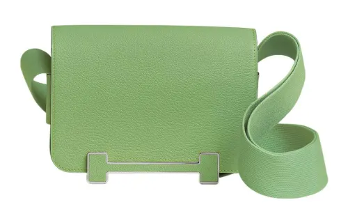 HERMES Geta Silver Tone Buckle Mysore Goat Skin Wooden Sandal Bag, Crossbody Bag, Shoulder Bag Women's Apple Green