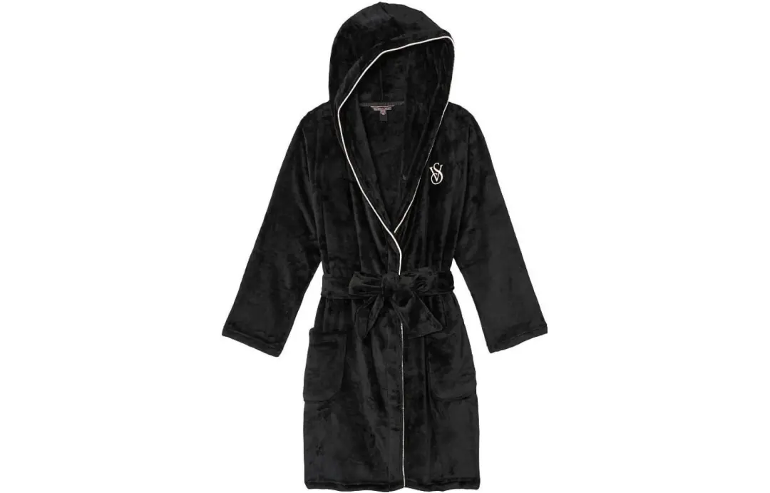 Victoria's Secret Comfortable Soft Coral Velvet Logo Embroidery Lace Up Hooded Home Fleece Lined Warm Thick Sleep Robe