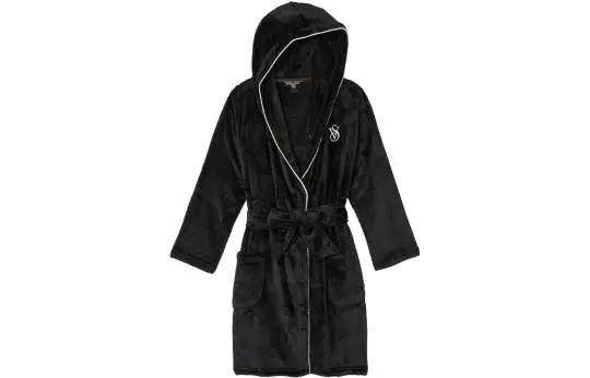 Victoria's Secret Comfortable Soft Coral Velvet Logo Embroidery Lace Up Hooded Home Fleece Lined Warm Thick Sleep Robe