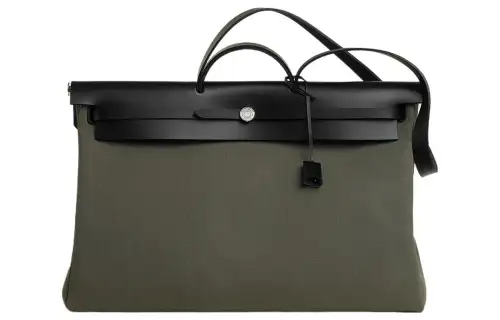 HERMES Herbag Zip Canvas With Hunter Cow Leather Shoulder Bag, Crossbody Bag, Handbag 50 Unisex Gray Green/Black