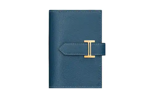 HERMES Bearn Gold tone Lock Chamkila Goat Skin Wallet Mini Women's S4 Deep Blue Dark Blue