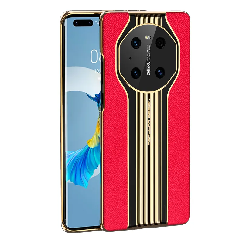 Baohuguang business style light luxury style mobile phone case suitable for mate40Pro+/rs/mate30 lychee leather pattern instantly changes to Porsche pattern electroplated leather back shell high quality first layer cowhide