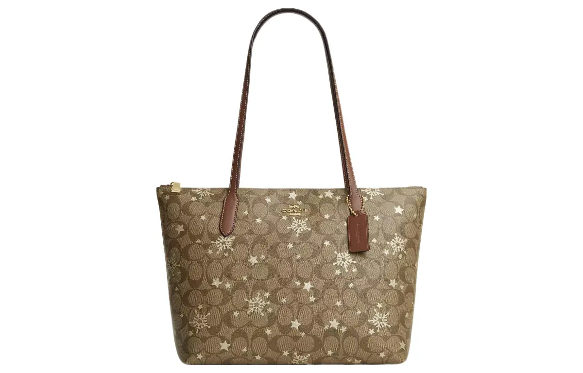 COACH Zip Top Tote Leather Tote Bag, Shopping Bag, Shoulder Bag Large Women's Khaki