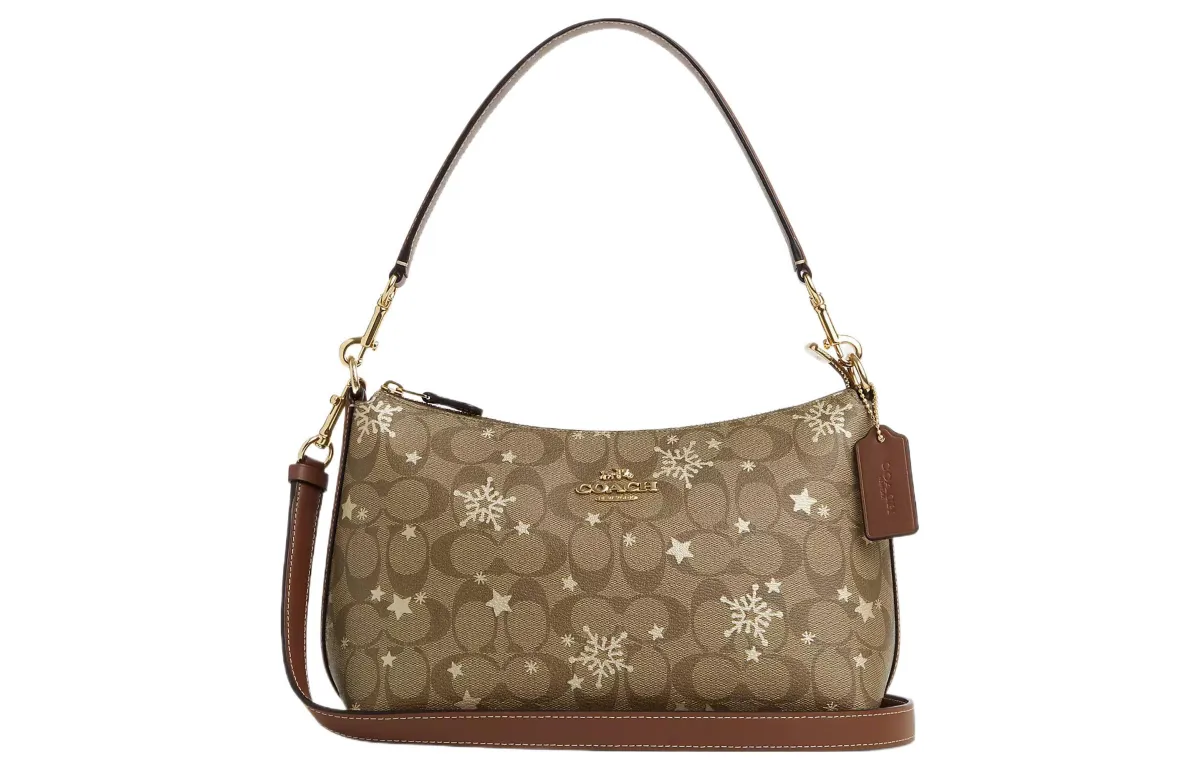 COACH Clara Iconic Coated Canvas With Smooth Leather Shoulder Bag, Handbag Medium Women's Khaki
