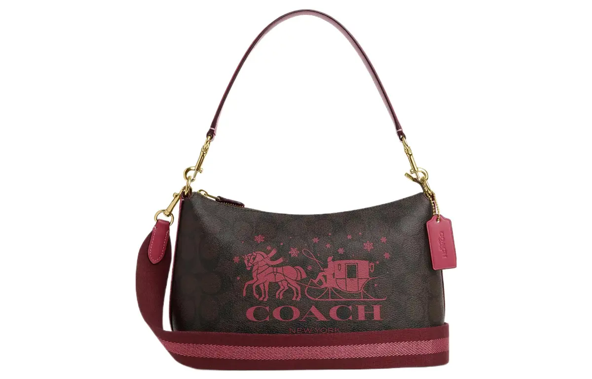 COACH Clara Leather Shoulder Bag, Handbag Shoulder Bags Women's Dark Brown & Red