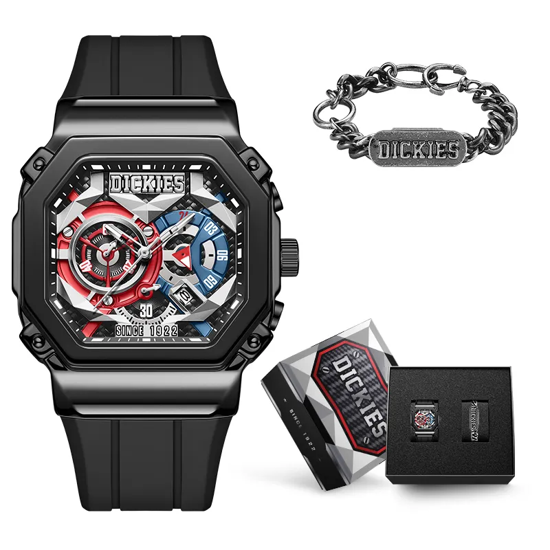 Dickies Mecha Samurai Collection Wrist Watches Quartz Movement Silicone Strap Skeleton Dial Men's Watches Gift Box Set