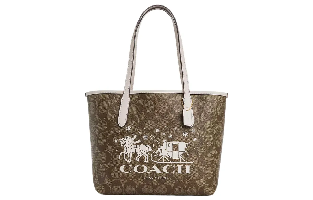 COACH City Coated Canvas With Smooth Leather Tote Bag, Shopping Bag, Handbag, Shoulder Bag Large Women's Khaki