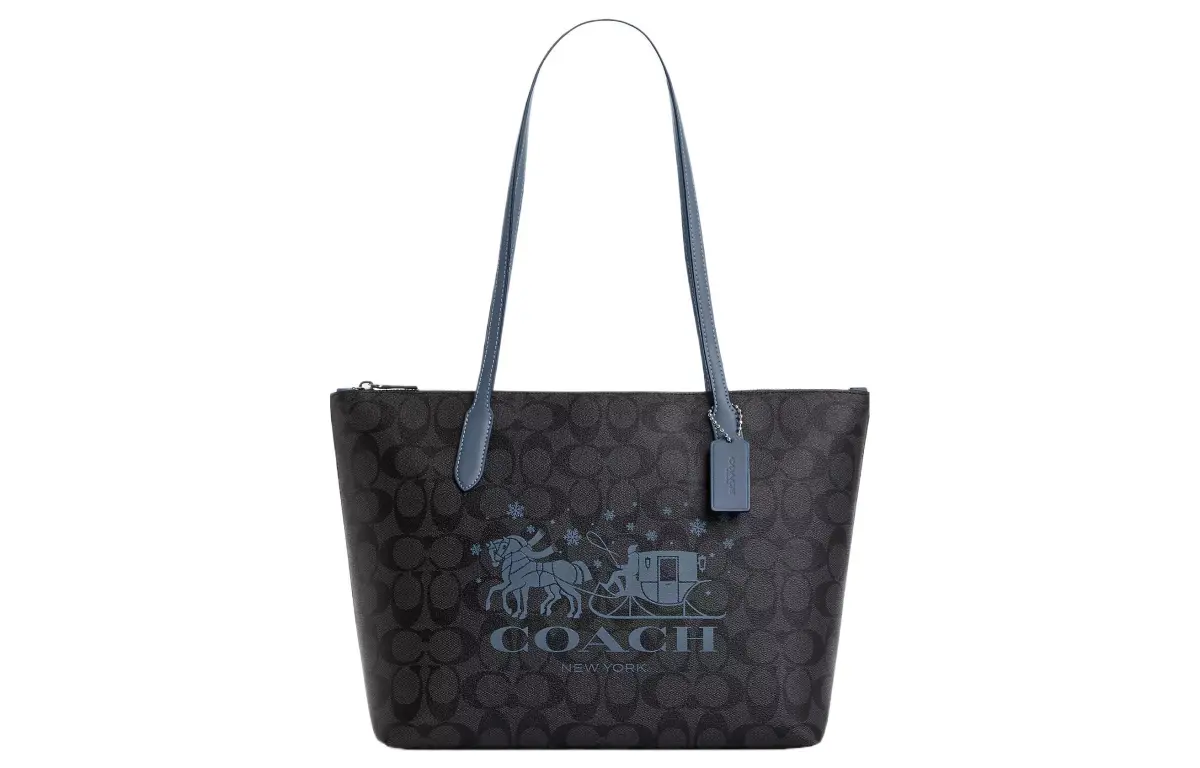 COACH Zip Top Tote Coated Canvas Leather Shoulder Bag Large Women's Silver Graphite With Light Mist
