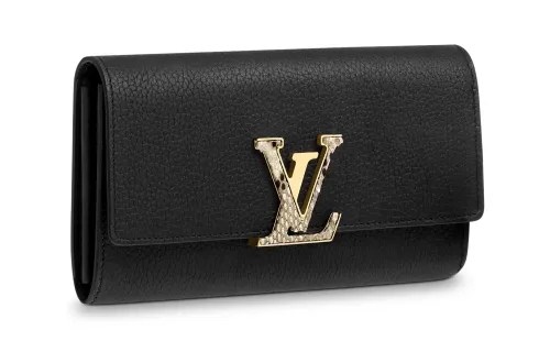 LOUIS VUITTON Leather With Python Skin Trim Wallet Regular Women's Black & Gold