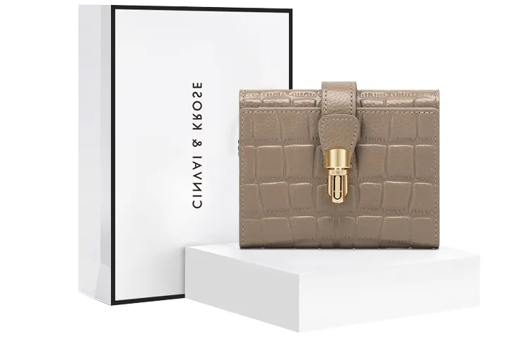 Leather synthesized short wallet, card holder, fuchsia black small clutch bag, high-end, crocodile print, cowhide