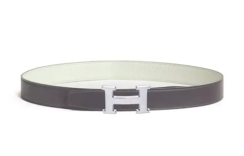 HERMES Double Sided H Line Smooth Buckle Leather Belts Men's Gray Width 3.2CM