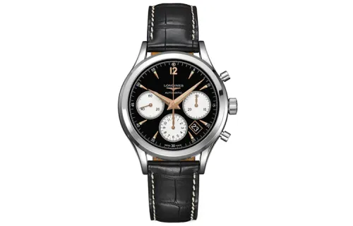 LONGINES Mechanical mechanism, waterproof men's watch, black dial, case stainless steel, watch strap, 30meter, 41mm, crocodile