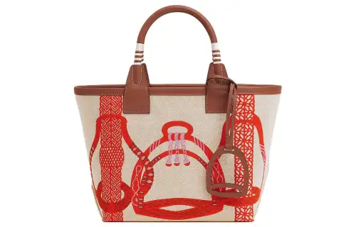 HERMES H Plume Canvas With Swift Calfskin Tote Bag, Shopping Bag, Handbag Women's Orange Red & Light Beige