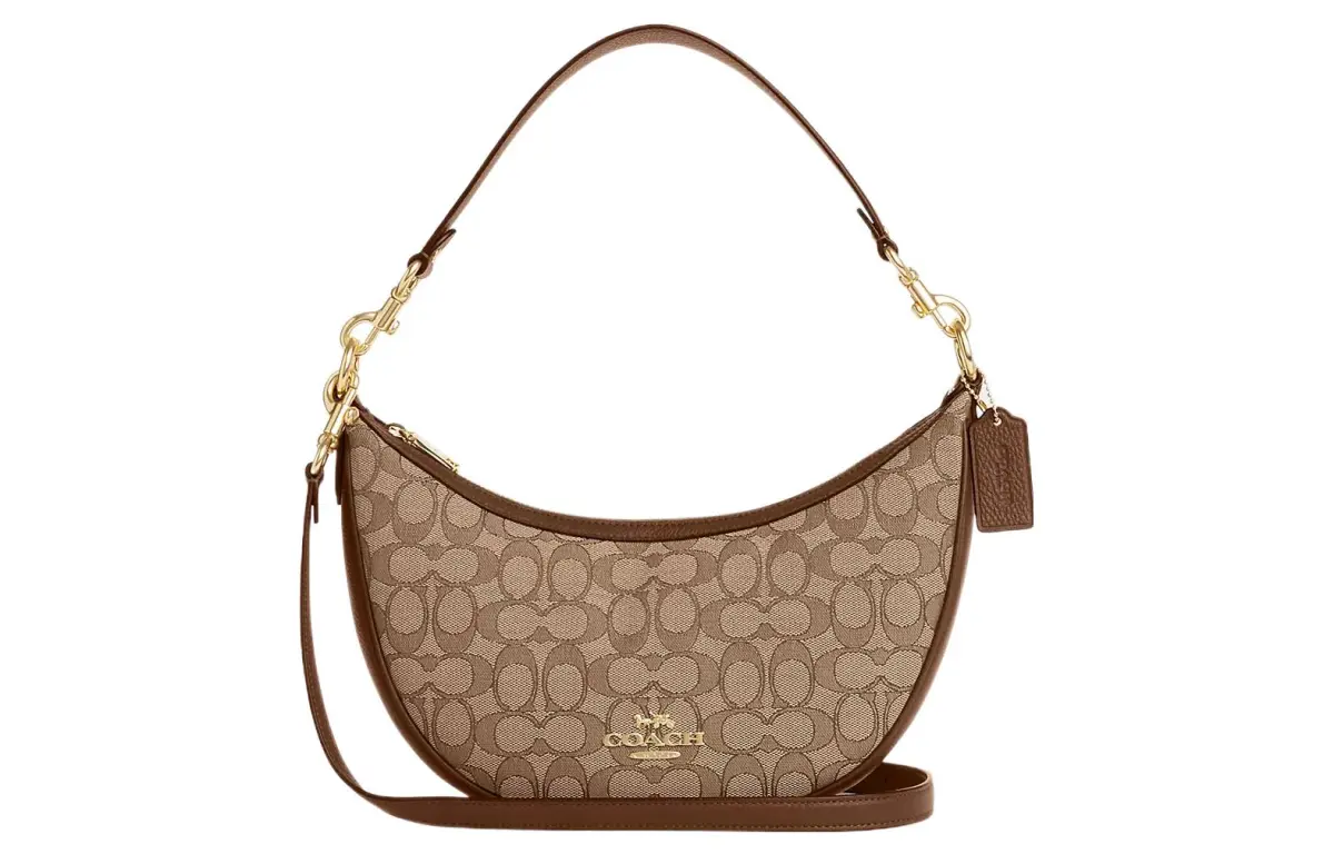COACH Aria Jacquard Fabric With Leather Crescent Bag Shoulder Bag Medium Women's Brown