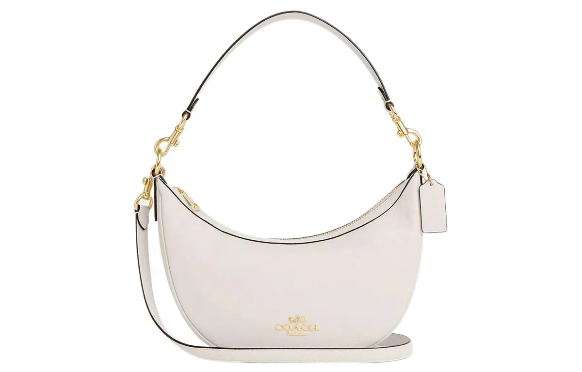 COACH Aria Cow Leather Crescent Shoulder Bag Medium Women's Gold & Chalk White