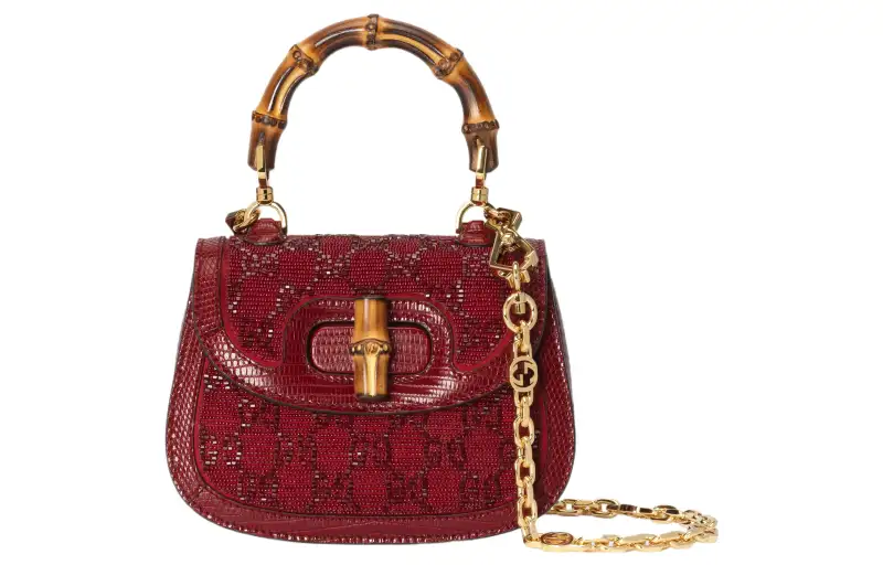 GUCCI Bamboo 1947 Lizard Skin Binding Crystal Shoulder Bag, Crossbody Bag, Handbag Mini Women's Red