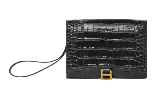 Balenciaga Bright Crocodile Pattern Embossed Calfskin Clutch Women's Black