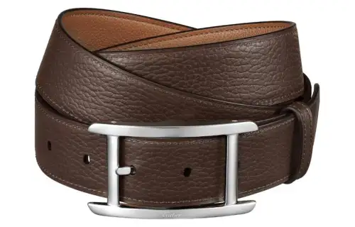 CARTIER Logo Letter Stamped Decoration Pin Buckle Calfskin, Palladium Plated Leather Belts Men's Brown Width 3.5CM