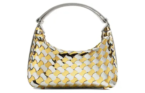 Bottega Veneta Laminated Sheepskin Handbag, Shoulder Bag Mini Women's Silver & Gold