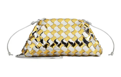 Bottega Veneta Laminated Leather Clutch Mini Women's Silver & Gold