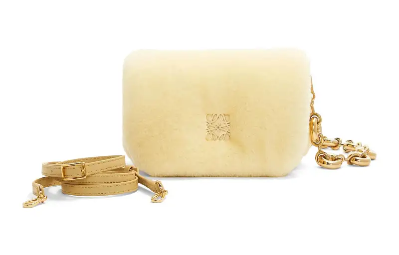 LOEWE Goya Shearling Shoulder Bag, Crossbody Bag Mini Women's Vanilla Yellow