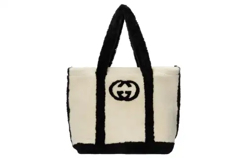 GUCCI Shearling With Leather Handbag Large Men's Beige & White & Black