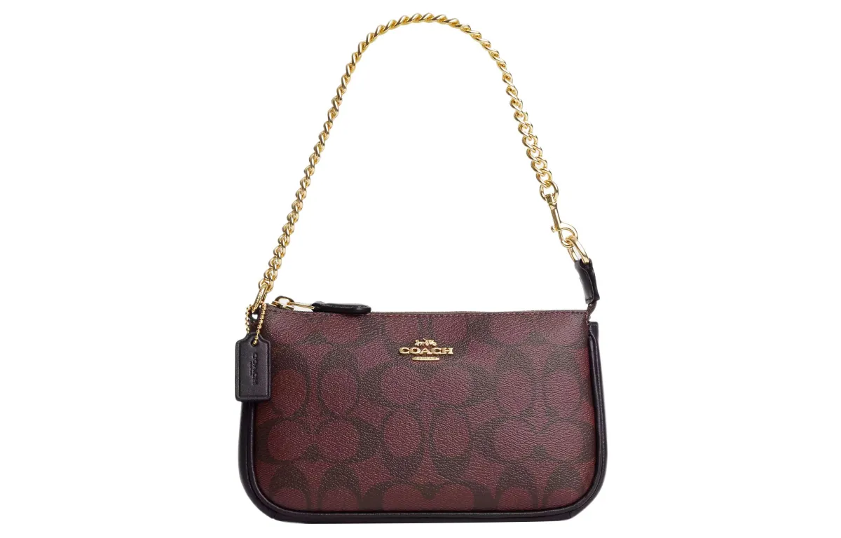 COACH Nolita Coated Canvas With Leather Shoulder Bag, Handbag, Shoulder Bag Small Women's Gold & Dark Red & Multiple