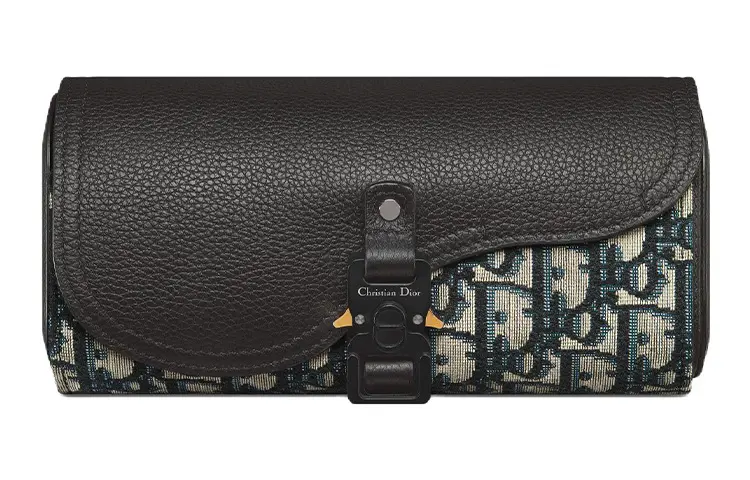DIOR Oblique Printed Fabric & Black Grain Cow Leather Storage Bag Men's Beige & Black