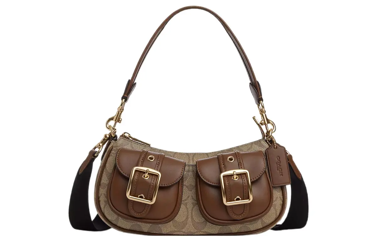 COACH Ashton Canvas With Leather Baguette Bag, Shoulder Bag, Crossbody Bag Medium Women's Umber