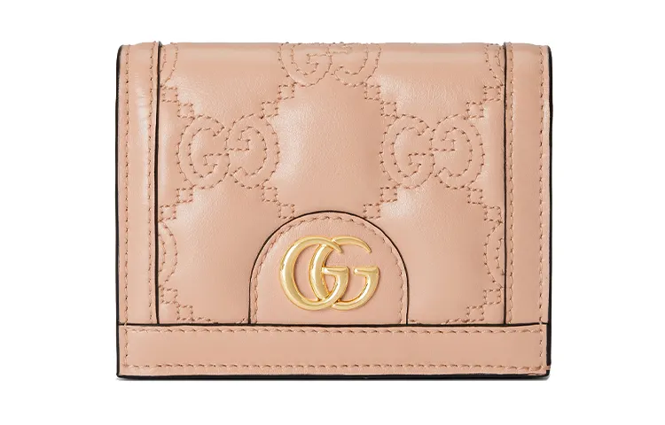 GUCCI GG Matelassé Leather Card Holder, Wallet Small Women's Rose Beige