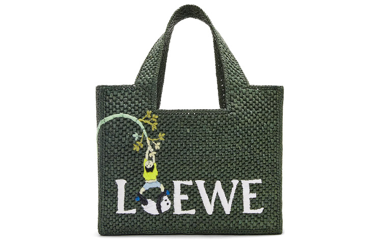 LOEWE Suna Fujita Collaboration Font Tote Raffia Fiber Tote Bag, Shopping Bag, Handbag Small Women's Dark Green