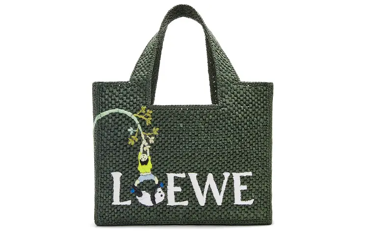 LOEWE Suna Fujita Collaboration Font Tote Raffia Fiber Tote Bag, Shopping Bag, Handbag Small Women's Dark Green