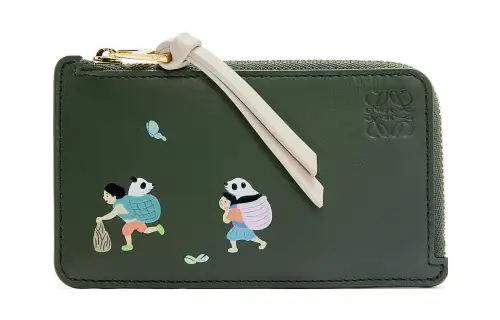 LOEWE Suna Fujita Collaboration Satin Cow Leather Card Holder Women's Dark Green