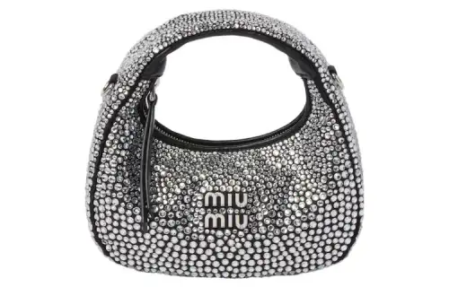 MIU MIU Wander Synthetic Crystal Silk Satin Crescent Bag, Hobo Bag, Shoulder Bag, Crossbody Bag, Handbag Mini Women's