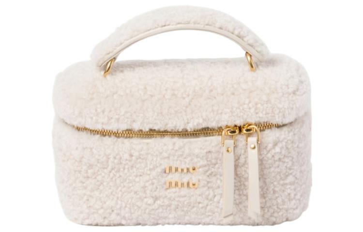 MIU MIU Leather With Shearling Portable Crossbody Bag, Shoulder Bag Women's Ivory White