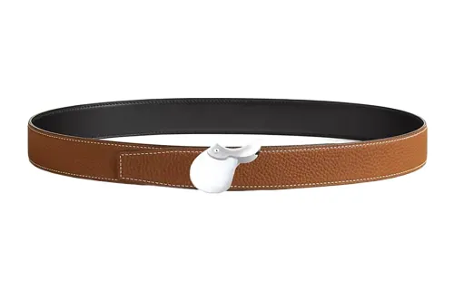 HERMES Leather, Palladium Plated Metal Leather Belts Men's Width 3.2cm