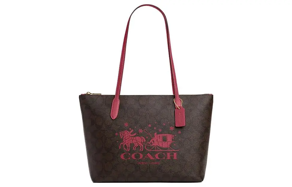COACH Zip Top Tote Artificial Leather Shoulder Bag Large Women's Brown & Rouge