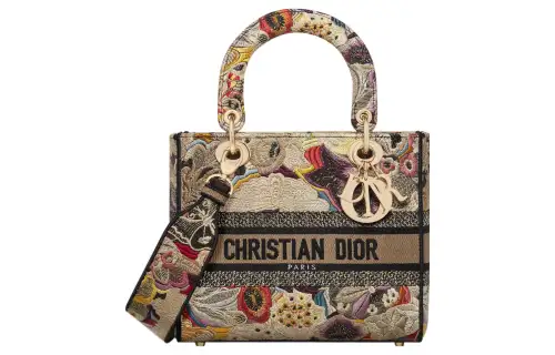 DIOR Lady D Lite Embroidery Handbag, Shoulder Bag, Crossbody Bag, Handbag Medium Women's Beige & Multicolor