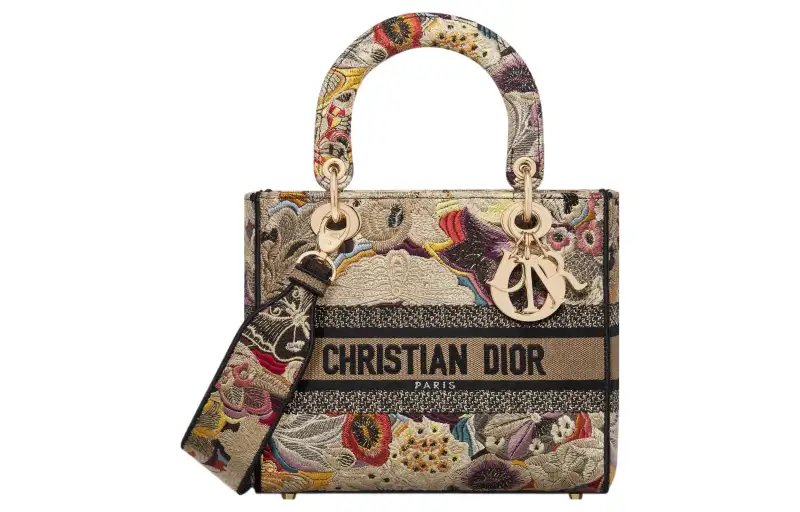 DIOR Lady D Lite Embroidery Handbag, Shoulder Bag, Crossbody Bag, Handbag Medium Women's Beige & Multicolor