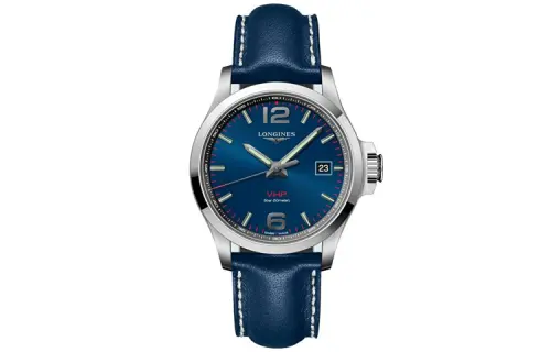 LONGINES Quartz Movement 50m Waterproof Women's Watch 43mm Blue Dial Stainless Steel Case Leather Strap