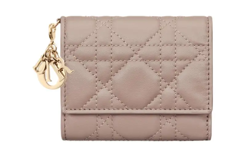 DIOR Lady Dior Lambskin Clutch Card Holder Wallet Women's Taupe